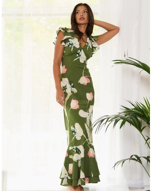 Gini London Green Floral Ruffle Maxi Dress