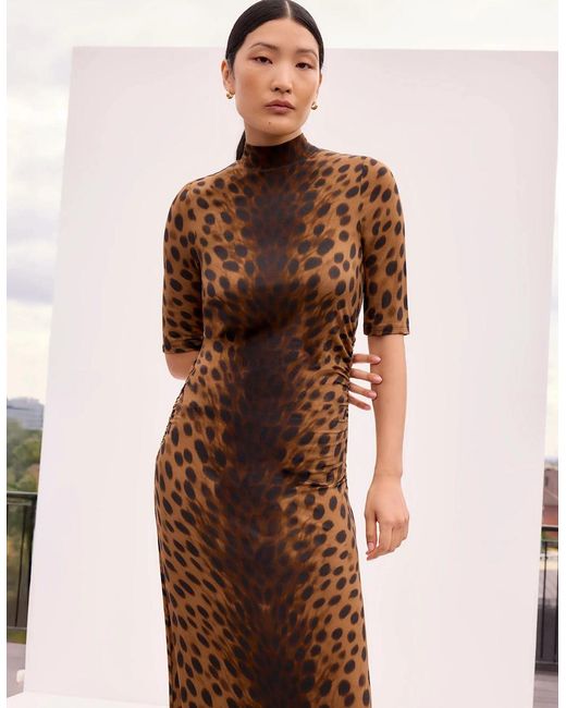 Ro&zo Brown Leopard Print Mock Neck Jersey Dress