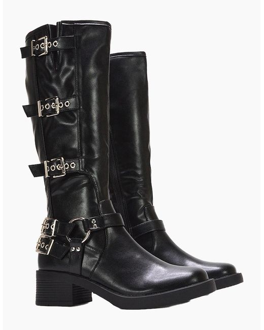 XY London Black Ladies Cobra Square Toe Mid Block Heel Biker Boots