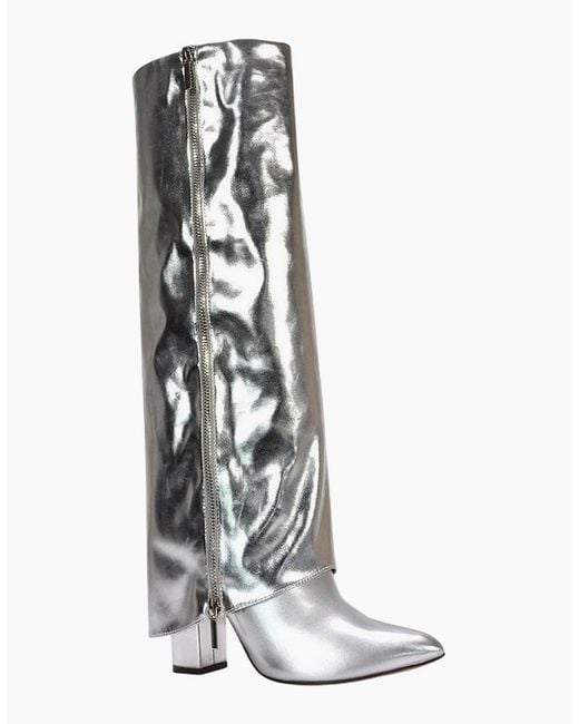 XY London White Ladies Allie Fold Over Metallic Pointed Side Zip Knee-High Boots