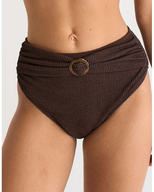 Gini London Brown Textured High Waisted Bottoms With Ring Belt Detail