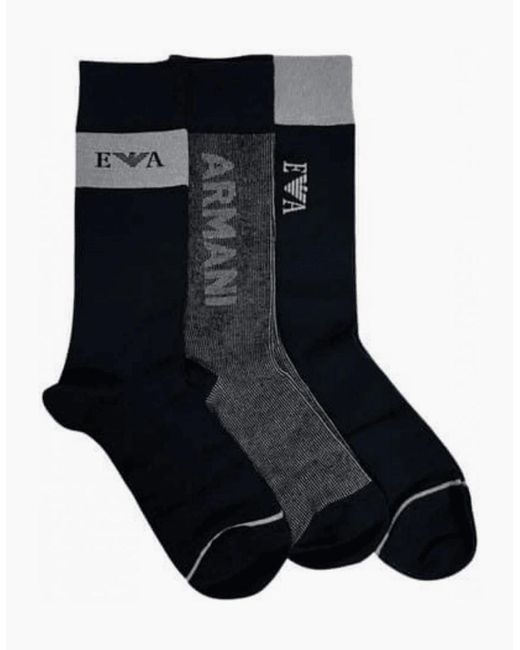 Emporio Armani Black Cotton 3-Pair Ea Logo Socks for men