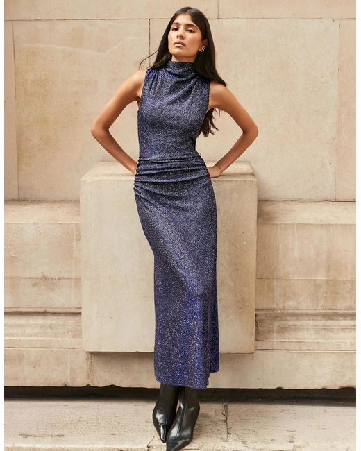 Ro&zo Blue Petite Robyn Sparkle Cowl Neck Dress