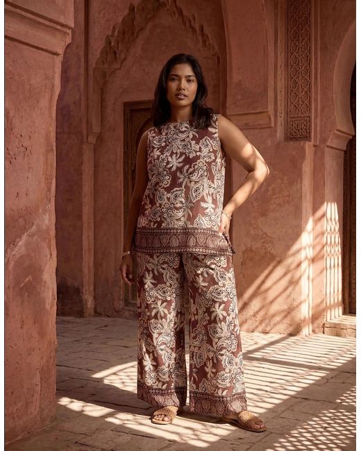 Live Unlimited London Brown Paisley Border Print Wide Leg Trousers