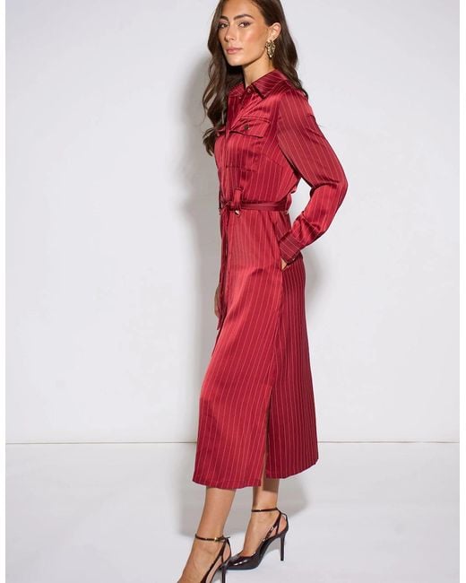 Gini London Red Mulberry Pinstripe Shirt Utility Belted Shirt Dress