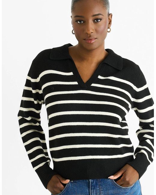 Gini London Blue Recycle Mix Stripe V Neck Collar Knit Jumper