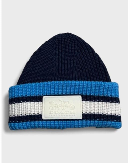 COACH Blue Ribbed Knit Varsity Stripe Patch Beanie