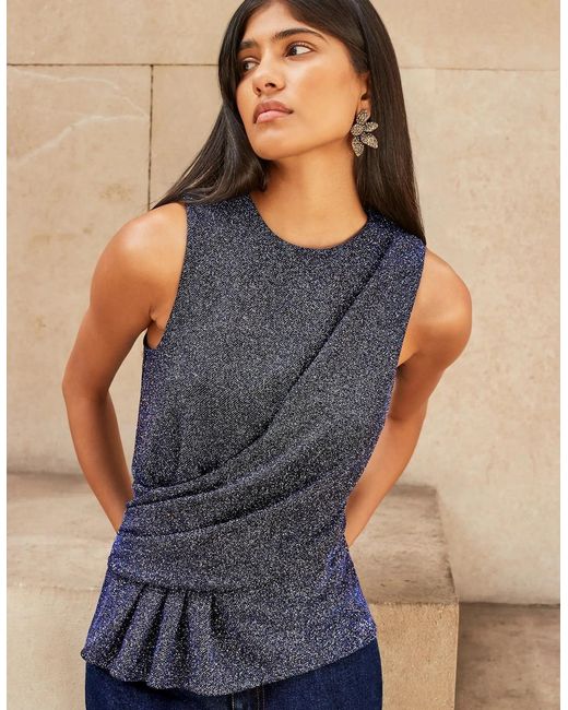 Ro&zo Blue Sparkle Drape-Front Top