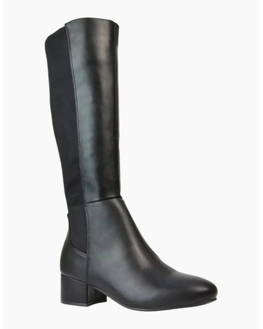 XY London Black Ladies Hannah Zip Elasticated Shaft Low Block Heel Long Boots