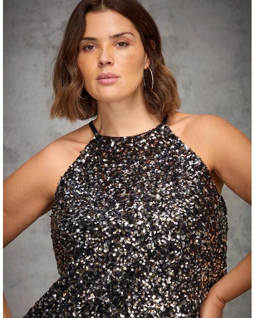 Live Unlimited London Gray Sequin Halterneck Top