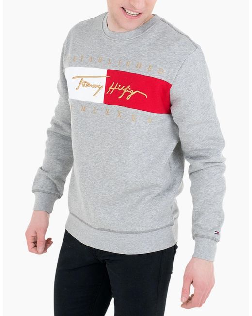 Tommy Hilfiger Gray Sweatshirts Signature Flag Fleece Pullover Crew Neck Jumper for men