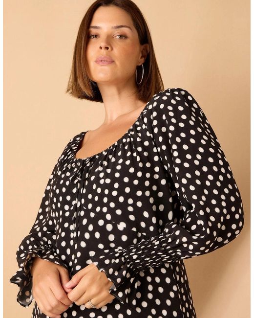 Live Unlimited London Black Spot Scoop Neck Shirred Sleeve Dress