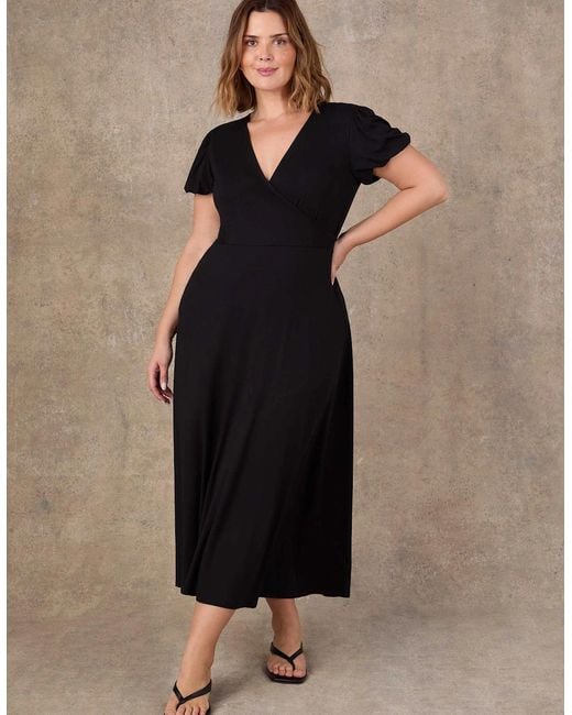 Live Unlimited London Black Wrap Front Midi Dress With Short Sleeves