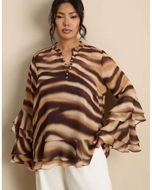 Live Unlimited London Brown Abstract Print Ruffle Blouse