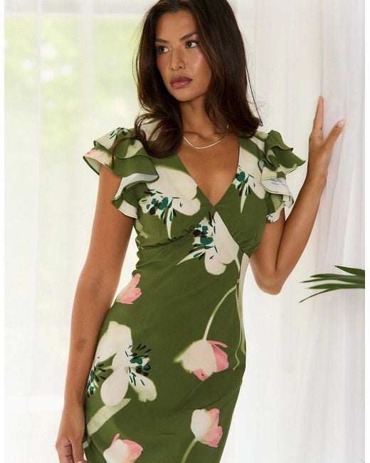 Gini London Green Floral Ruffle Maxi Dress