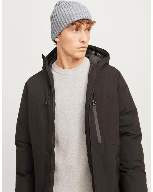 Jack & Jones Gray Cotton Adjustable Cuff Beanie for men
