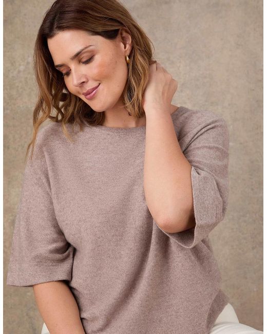 Live Unlimited London Natural Oatmeal Short Sleeve Knitted Jumper With Cashmere