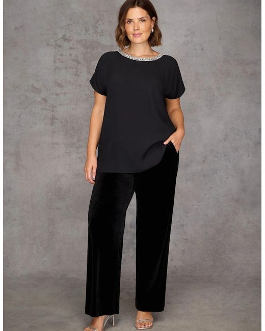 Live Unlimited London Black Velvet Wide Leg Trouser