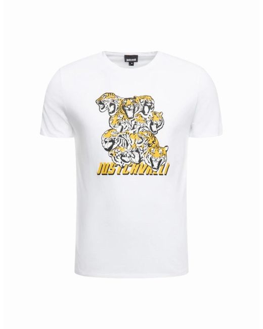 Just Cavalli White S03Gc0549 T-Shirt Tiger Short Sleeve Tops Cotton Tee for men