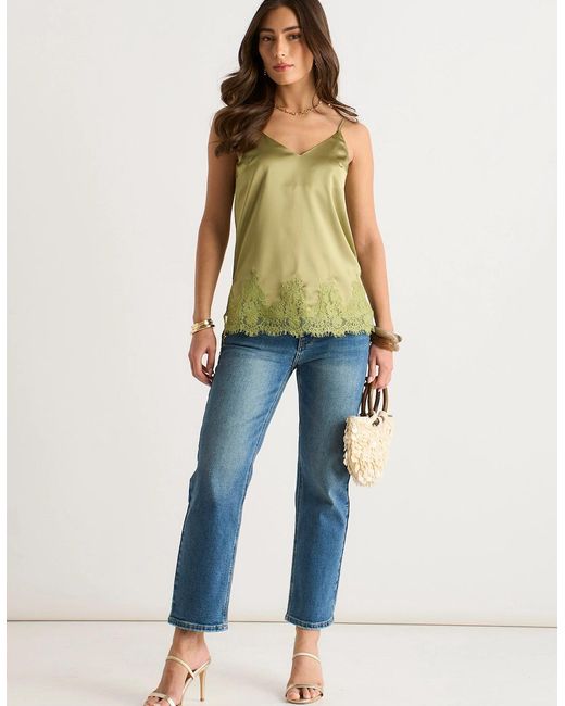 Gini London Green Khaki Satin Lace Trim Cami Top