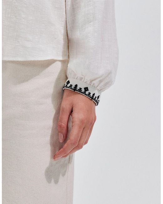 Ro&zo Gray Ivory Embroidered Collarless Blouse