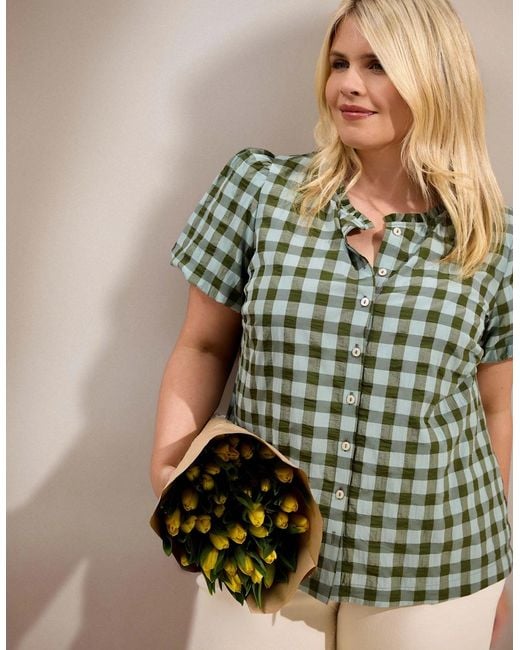 Live Unlimited London Green Gingham Button-Through Puff Sleeve Top