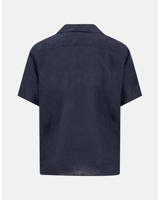 Fynch-Hatton Blue Pure Linen Lapel Collar Short Sleeved Shirt for men