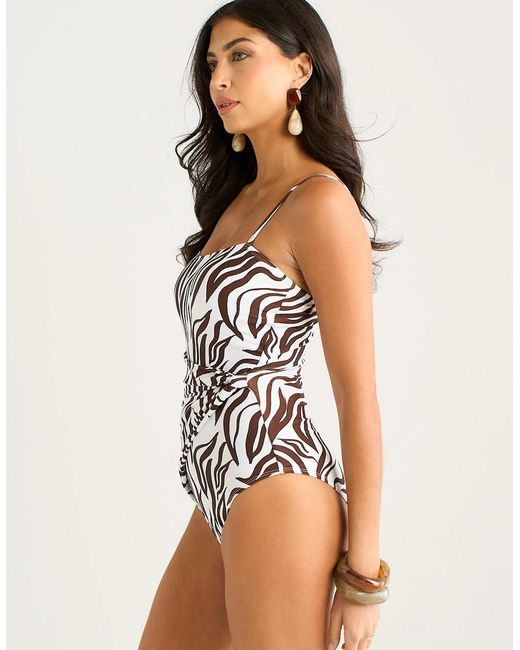 Gini London Multicolor Chocolate Zebra Animal Print Jacquard Cutout Front Swimsuit