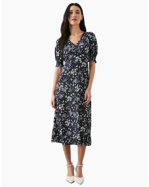 Dorothy Perkins Blue Ladies Ditsy Print Shirred Cuff Petite Midi Dress