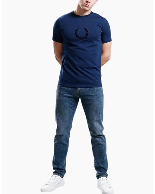 Fred Perry Blue T Shirt Textured Laurel Wreath Logo Crew Neck Short Sleeve Summer Tee for men