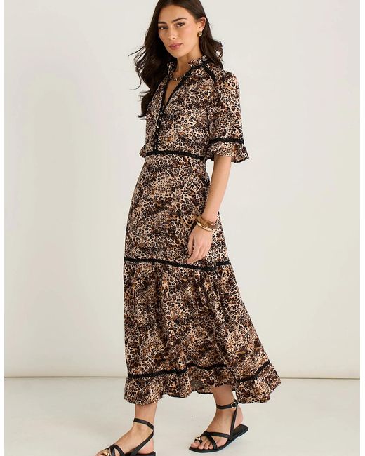 Gini London Brown Animal Print Lace Trim Tiered Midi Dress