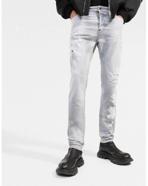 DSquared² Gray Cool Guy Paint Slim Jeans for men