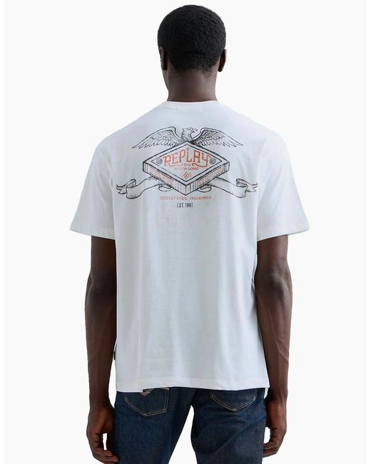 Replay White Relaxed Fit T-Shirt Industrial Print for men