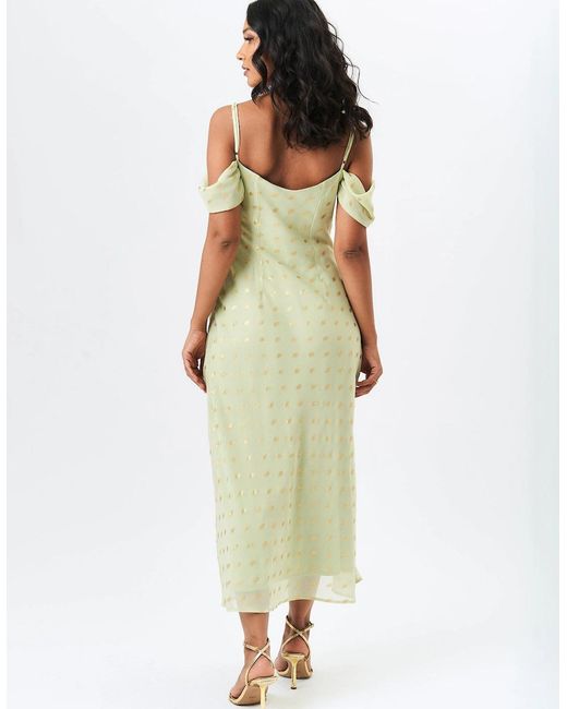 Gini London Green Sage Cowl Neck Drop Sleeves Foil Maxi Dress