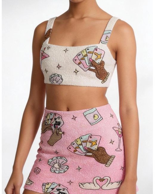 Oceanus Pink Vegas Beaded Party Beach Co-Ord Mini Skirt