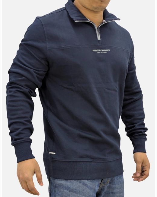 Weekend Offender Blue Sweatshirt Quarter Zip Pullover Plain Jumper Cotton for men