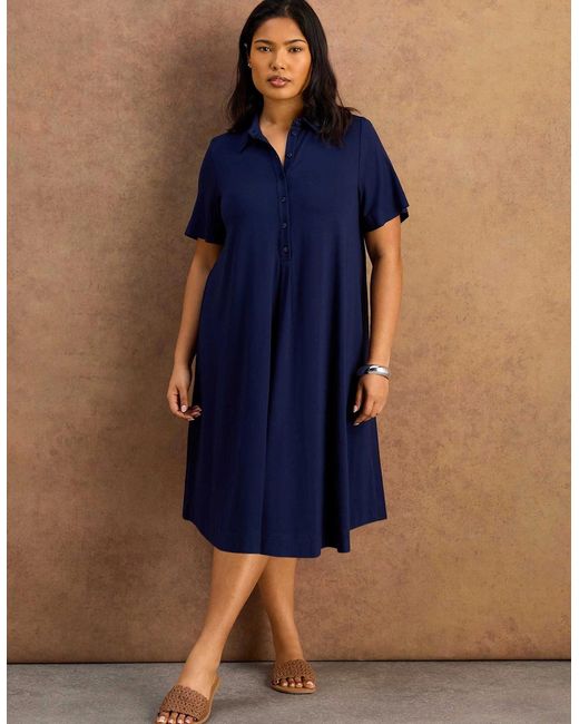 Live Unlimited London Blue Half Placket Jersey Midi Shirt Dress