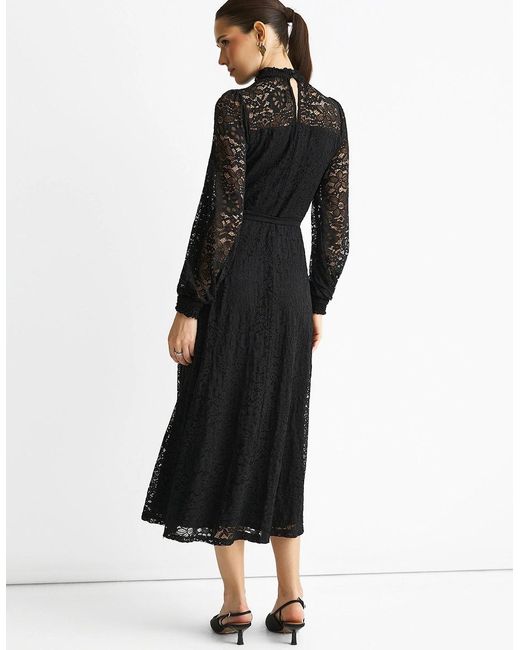 Gini London Black High Neck Jersey Lace Occasion Midi Dress