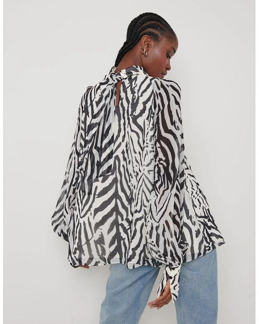 Pretty Lavish Blue Romy Cut Out High Neck Printed Blouse