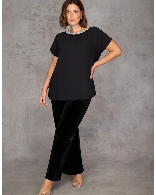 Live Unlimited London Black Velvet Wide Leg Trouser