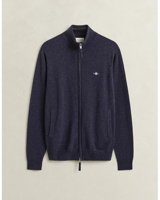 Gant Blue Superfine Lambswool Full Zip Sweater for men