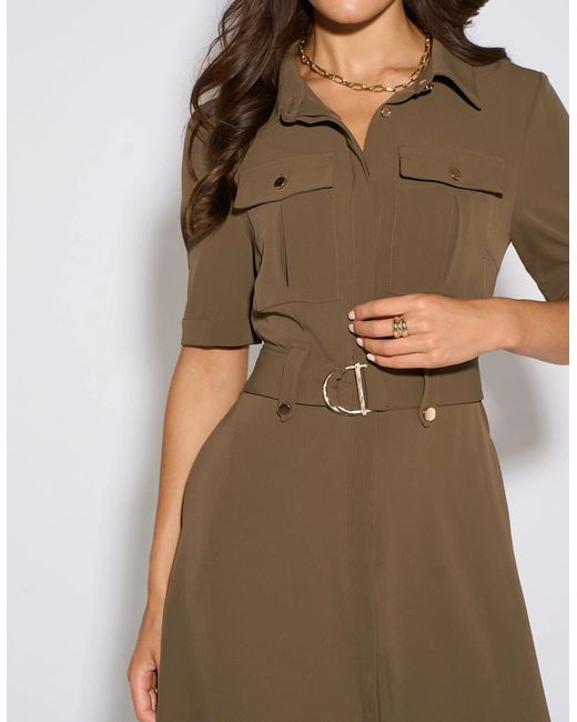 Gini London Brown Taupe Hardware Detail Utility Shirt Dress
