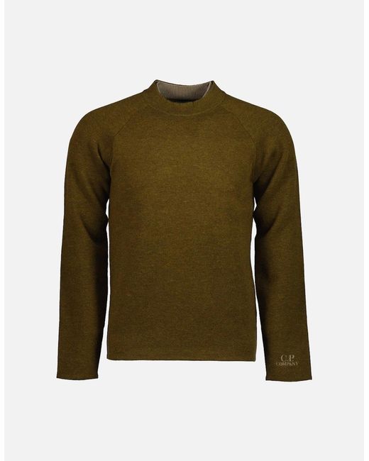 C P Company Green Double Crewneck Embroidered Cuff Logo Knit for men