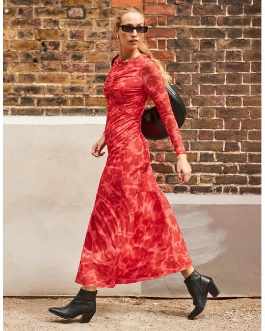 Ro&zo Red Petite Floral-Print Mesh Midaxi Dress