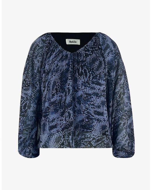 Ro&zo Blue Voluminous Animal Blouson Sleeve Blouse