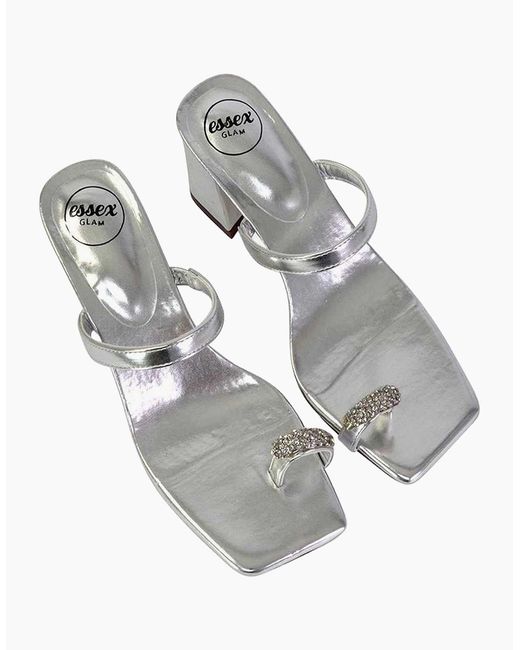 XY London White Ladies Daiquiri Diamante Double Strap Medium Block Heel Mule Sandals
