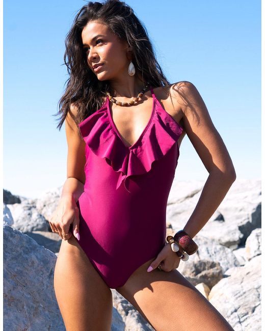 Gini London Purple Ruffle Front Halter Neck Swimsuit
