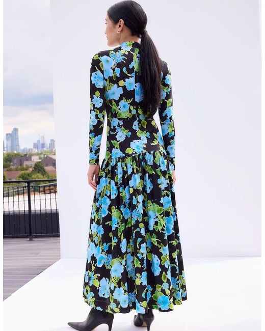Ro&zo Blue And Floral Dropped Waist Jersey Dress