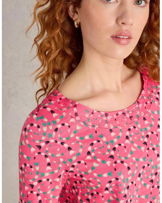 White Stuff Pink Weaver Jersey Tee Coral Print
