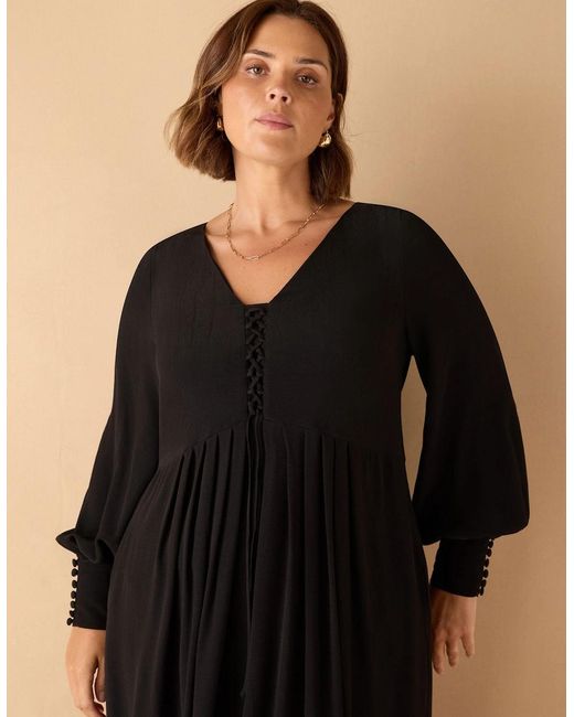 Live Unlimited London Black Lace Up Blouson Sleeve Midi Dress